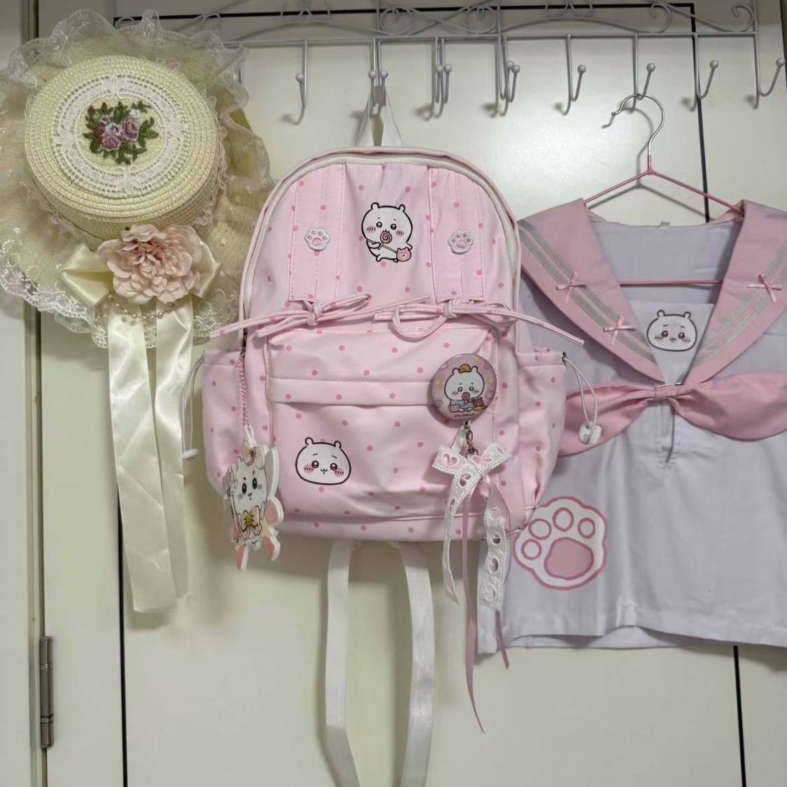 Travel Accessories Pink - Милый рюкзак Чиикава в розовый горошек